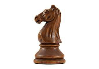 Carved wooden chess knight piece with polished antique style isolated on transparent background