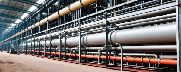 Industrial Interior Rows of Metal Pipes and Tanks in a Large Factory