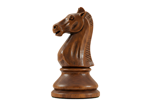 Carved wooden chess knight piece with polished antique style isolated on transparent background