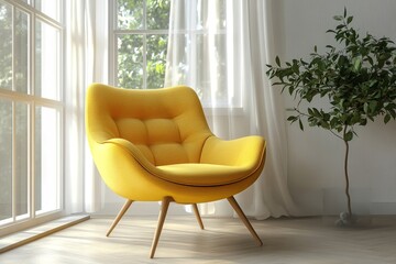 Yellow mid-century armchair against a window dressed with white curtains, reflecting minimalist modern living room interior design. 3D rendering, Generative AI