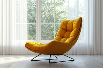 Yellow mid-century armchair against a window dressed with white curtains, reflecting minimalist modern living room interior design. 3D rendering, Generative AI