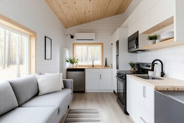 Bright interior of a tiny house featuring a modern kitchen, living area with a comfortable sofa, and large windows offering views of the outdoors