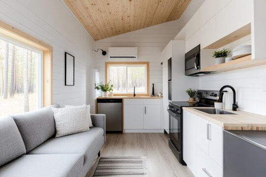 Bright interior of a tiny house featuring a modern kitchen, living area with a comfortable sofa, and large windows offering views of the outdoors