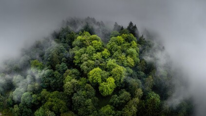 Aerial view of a lush, green forest shrouded in low-lying mist or fog, creating a serene and mystical atmosphere