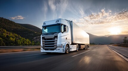Obraz premium white modern semi-truck driving on a highway