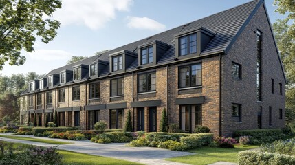 Modern modular private townhouses. Residential architecture exterior. 3D rendering, Generative AI