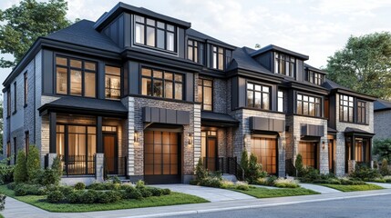 Modern modular private townhouses. Residential architecture exterior. 3D rendering, Generative AI