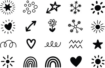 Collection of various hand drawn doodle elements in black and white