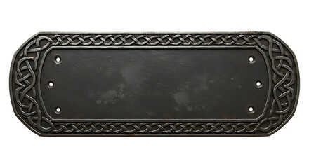 Realistic Antique Celtic Silver Nameplate with Knotwork Border Design and Oxidized Surface Isolated on Transparent Background No Text