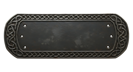 Realistic Antique Celtic Silver Nameplate with Knotwork Border Design and Oxidized Surface Isolated on Transparent Background No Text