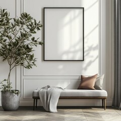 Art poster frame above a white wall, positioned above a gray bench in mid-century style interior design for a modern living room. 3D rendering, Generative AI