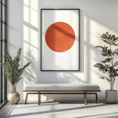 Art poster frame above a white wall, positioned above a gray bench in mid-century style interior design for a modern living room. 3D rendering, Generative AI