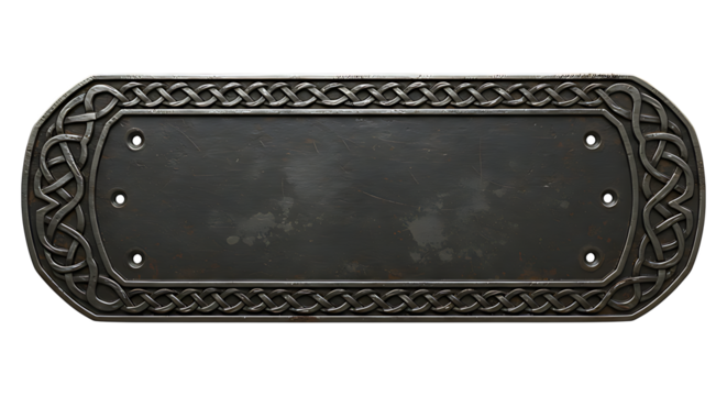 Realistic Antique Celtic Silver Nameplate with Knotwork Border Design and Oxidized Surface Isolated on Transparent Background No Text