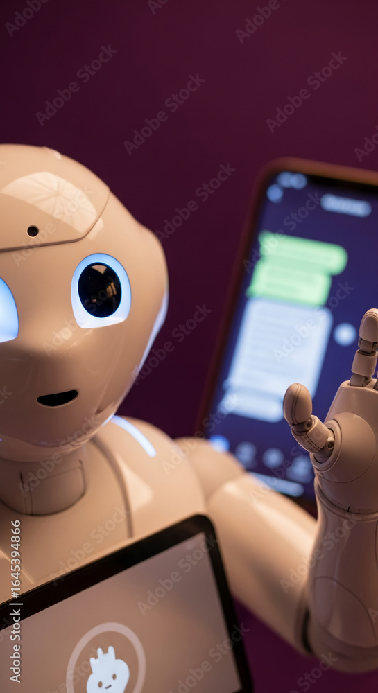 Poster close-up of a white robot with glowing eyes, interacting with a tablet displaying text messages, sho