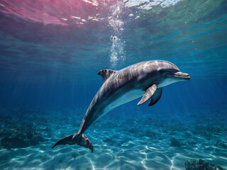 Graceful dolphin swimming in sunlit ocean depths marine life underwater