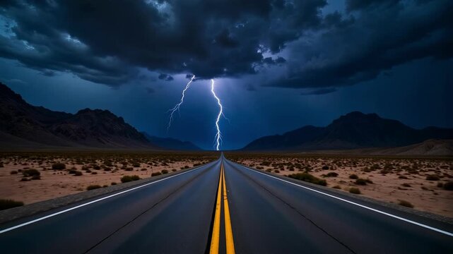 Dramatic desert highway vanishing into distance under intense lightning storm, epic 4k video footage capturing nature's power and isolation