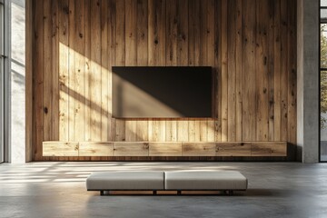 White sofa on a concrete floor, with a large TV screen mounted on a wooden paneling wall above a long cabinet. Minimalist loft-style interior design for a modern living room, Generative AI