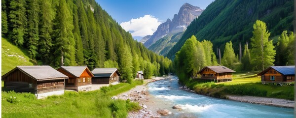 Naklejka premium Wooden Cabins by Rushing River in Mountain Valley