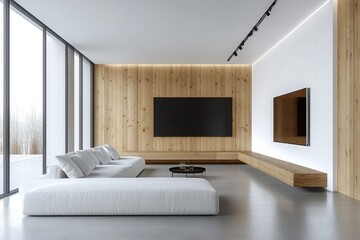 White sofa on a concrete floor, with a large TV screen mounted on a wooden paneling wall above a long cabinet. Minimalist loft-style interior design for a modern living room, Generative AI