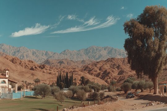 Desert valley scene with mountains and trees