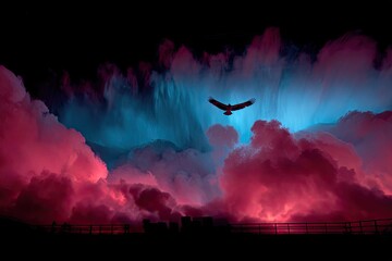 A solitary bird soars through vibrant, colorful clouds at night