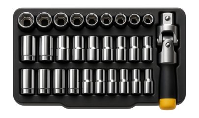 Twenty-four-piece socket set with a universal joint for varied automotive tasks.