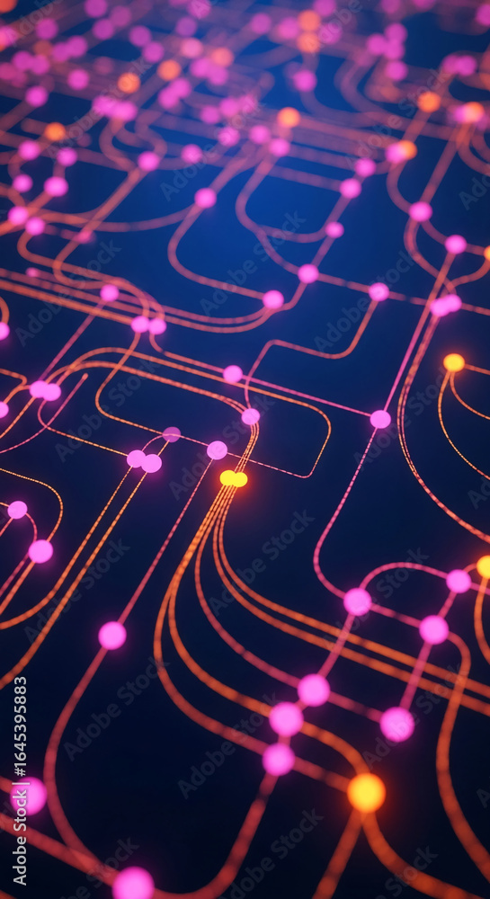 Aufkleber abstract network graphic with glowing pink and orange nodes connected by lines, suggesting digital c