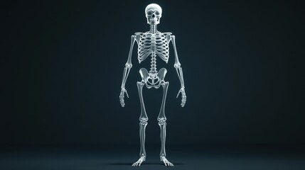 Human skeleton full body front view on dark background showing bones anatomy and medical structure