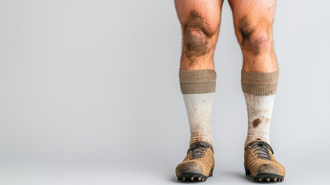 Close up of dirty legs and studded boots of rugby player after playing a match on a muddy field - Powered by Adobe