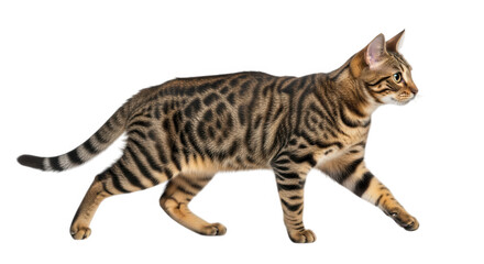 A bengal cat walks with its distinctive striped pattern isolated on transparent background