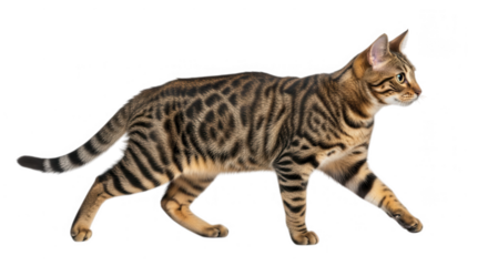 A bengal cat walks with its distinctive striped pattern isolated on transparent background