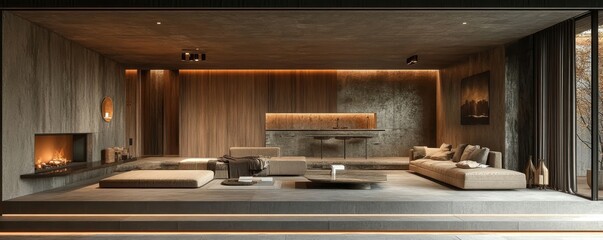 Loft-style interior design for a modern living room in a villa, featuring wooden paneling and concrete walls. 3D rendering, Generative AI