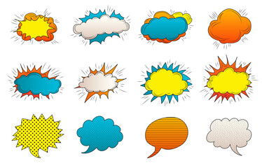 Colorful comic-style speech bubbles in various shapes and sizes for creative expressions and designs
