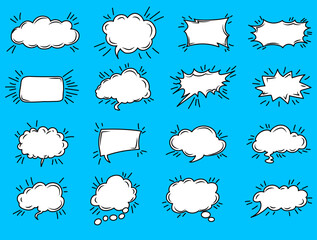Speech bubbles in various shapes and sizes against a bright blue background showcasing comic-style elements for creative design