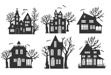Spooky silhouette houses with eerie trees and bats during twilight in a Halloween-themed landscape