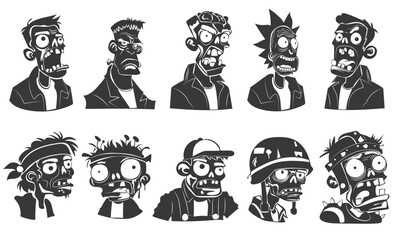 Diverse collection of cartoon zombie characters in various styles and expressions