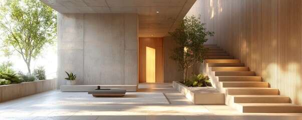 Loft-style interior design for a modern living room in a villa, featuring wooden paneling and concrete walls. 3D rendering, Generative AI