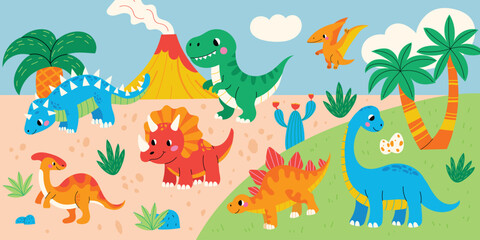 Cute dinosaurs in prehistoric landscape. Smiling prehistoric animals for kids: TRex, Triceratops, Stegosaurus, Brachiosaurus, Ankylosaurus,  Pterodactyl. Vector illustration on white background. © Hanna Bykova