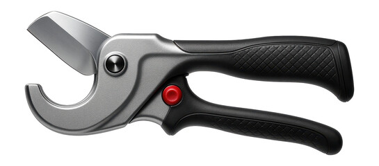 Obraz premium Stainless steel pipe shears with a quick-release button for efficient cutting on a building site.