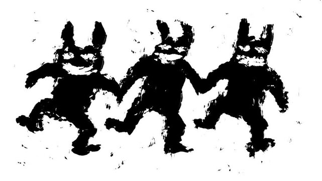 Funny blots monsters. Crazy 2D animation of dancing rabbits. Demon hares from the darkness. Scary animated frames in 4K. Creepy cartoon for Halloween. Looped VJ video clip. Black and white background.