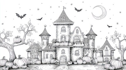 Obraz premium Intricate Halloween castle illustration with bats, moon, pumpkins, and spooky trees