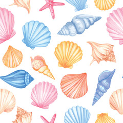 Vector seamless pattern with colorful pastel watercolor sea shells