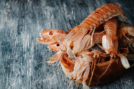 fresh spanish galeras, squilla mantis, in a bowl