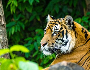 Close-up of a Bengal tiger resting in lush green jungle, amber eyes glowing in dapp