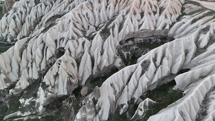 Aerial View of Unique Rock Formations and Fairy Chimneys in Cappadocia, Turkey