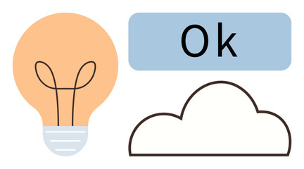 Lightbulb wearing a face mask paired with a simple cloud and Ok text. Ideal for innovation, safety, health, positivity, communication, resilience, public awareness. Simple flat metaphor