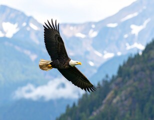 Naklejka premium Bald eagle soaring high above mountains, wings spread wide, golden beak and sharp ey