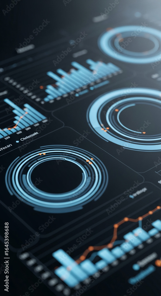Poster close-up of a digital display showing blue and orange graphs and charts, representing data analysis,
