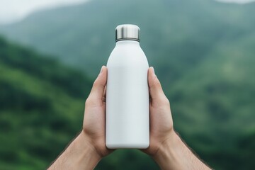 Hands showing reusable white water bottle with metal cap promoting sustainability and healthy lifestyle in nature