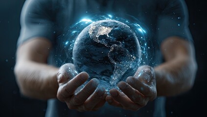 A man's hands gently cradle a luminous, digital globe, showcasing North and South America, encircled by glowing energy streams, suggesting global connectivity and technological advancement